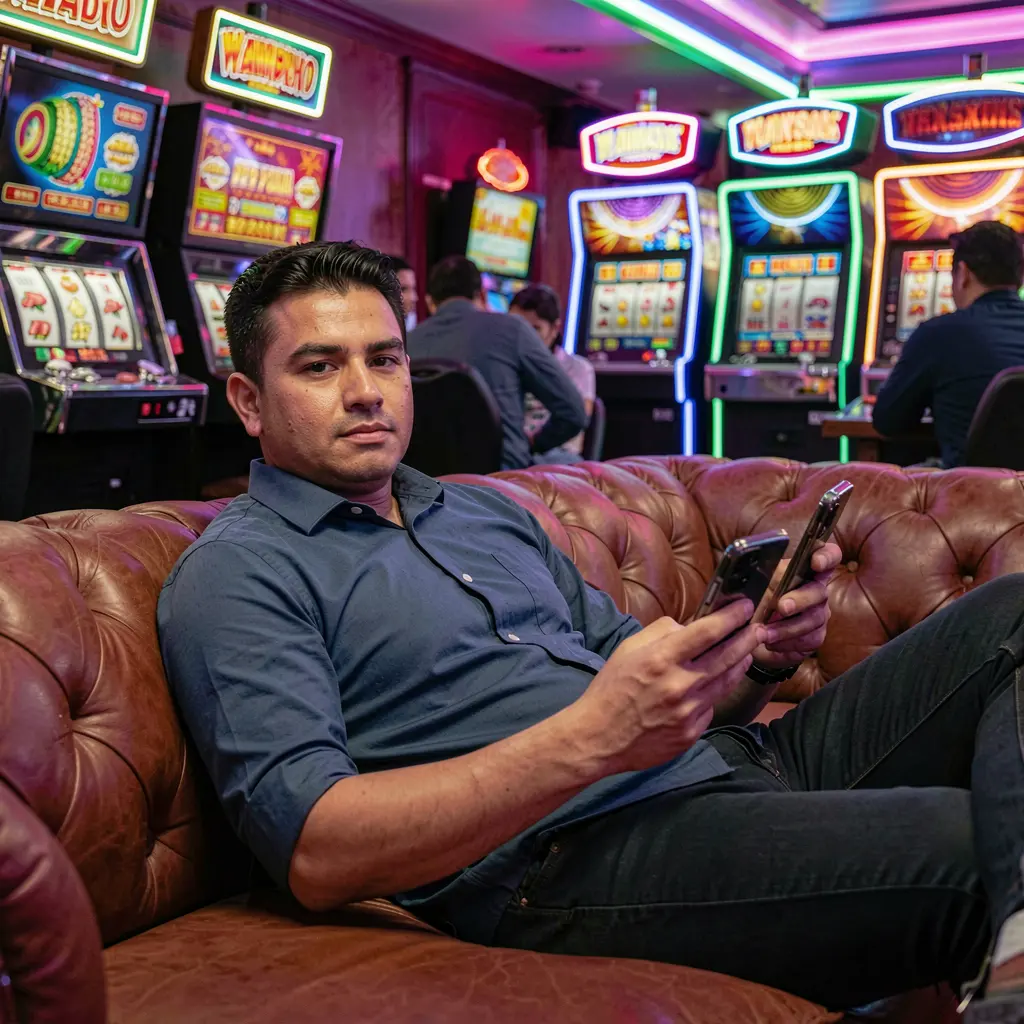 Stylish Mexican man relaxing on a sofa while using the TAU777 casino app surrounded by glowing slot machines and neon lights
