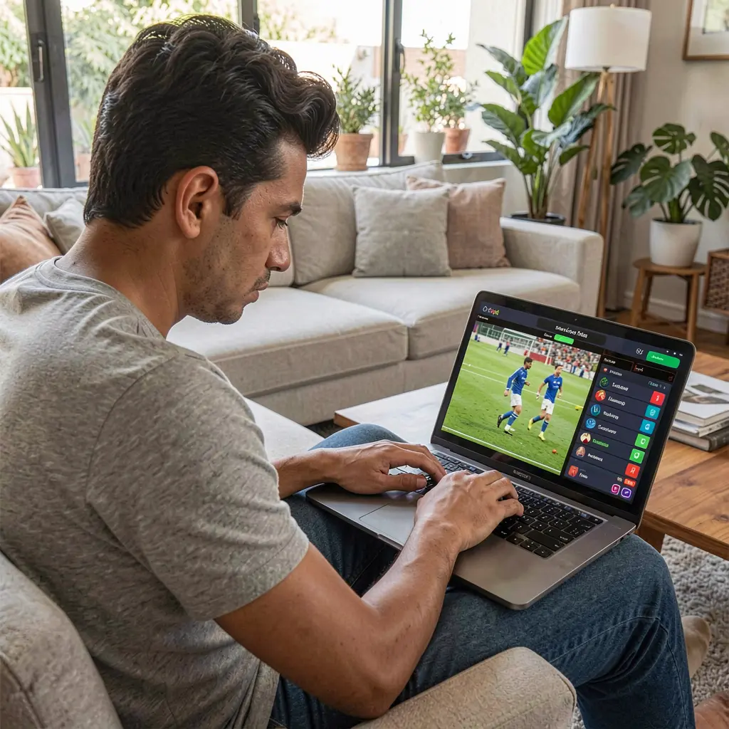 Mexican sports fan placing live soccer bets on a laptop with TAU777 while watching a match in a stylish modern living room