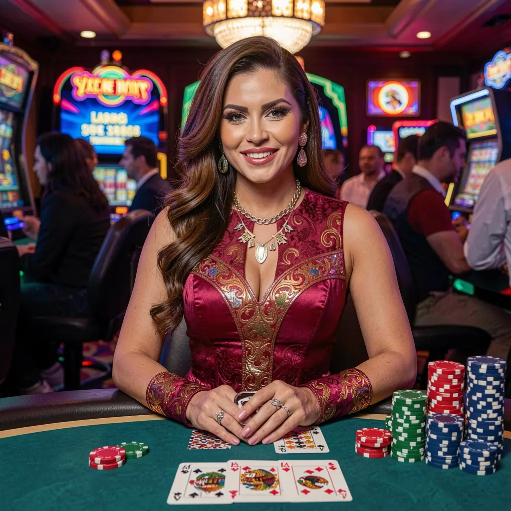 Elegant live casino dealer at a glowing game table with stacked chips and cards highlighting the premium TAU777 online casino experience in Mexico