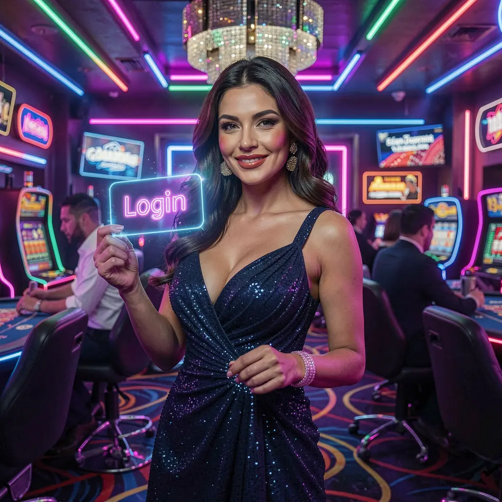 Stylish Mexican casino hostess holding a glowing login card in a vibrant neon casino setting at TAU777 Mexico