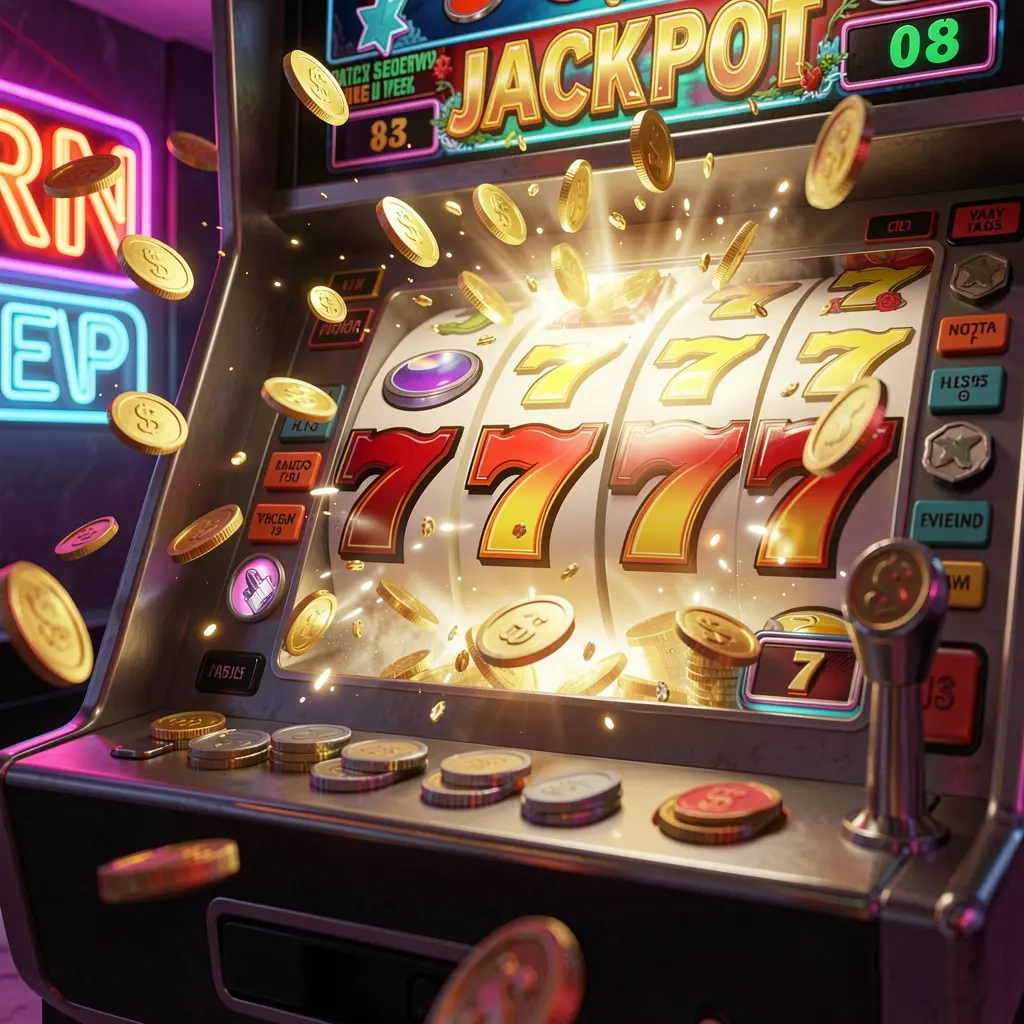Glowing slot reels with triple seven symbols surrounded by golden coins representing high stakes winning gameplay at TAU777 online casino in Mexico
